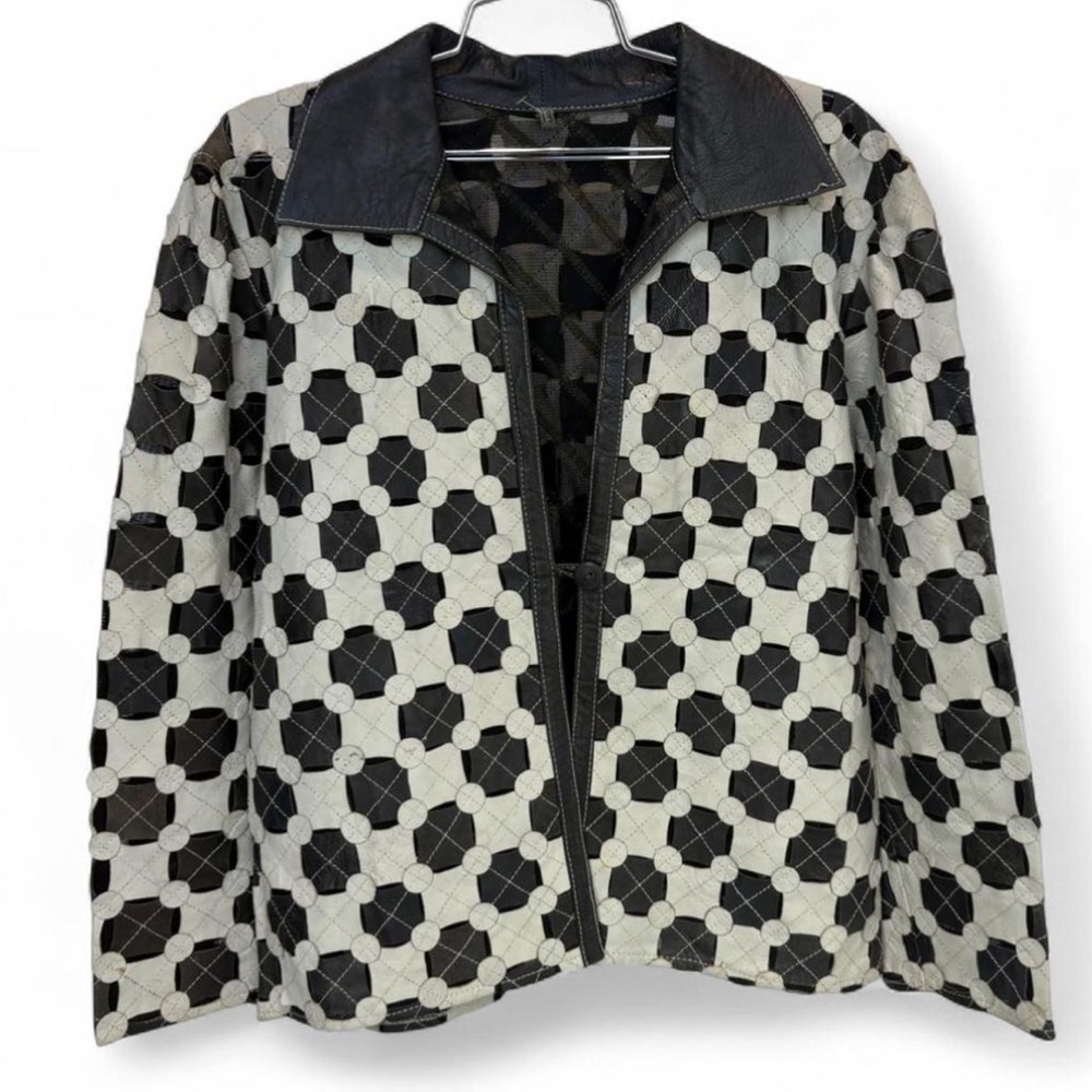 Vintage Euro Black and white leather jacket with geometric pattern large medium